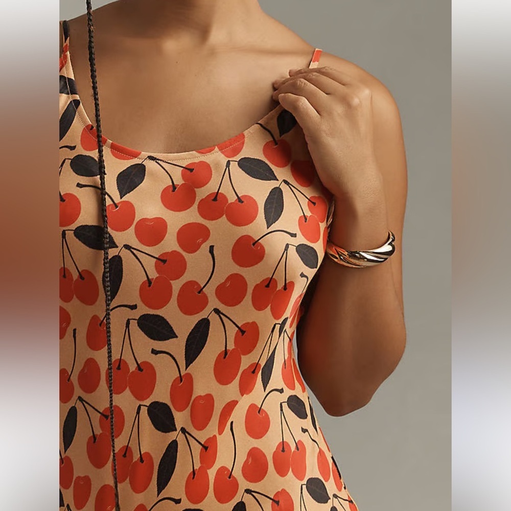 Anthropologie Conditions apply cherry satin silky print maxi dress medium/ large - Picture 3 of 10